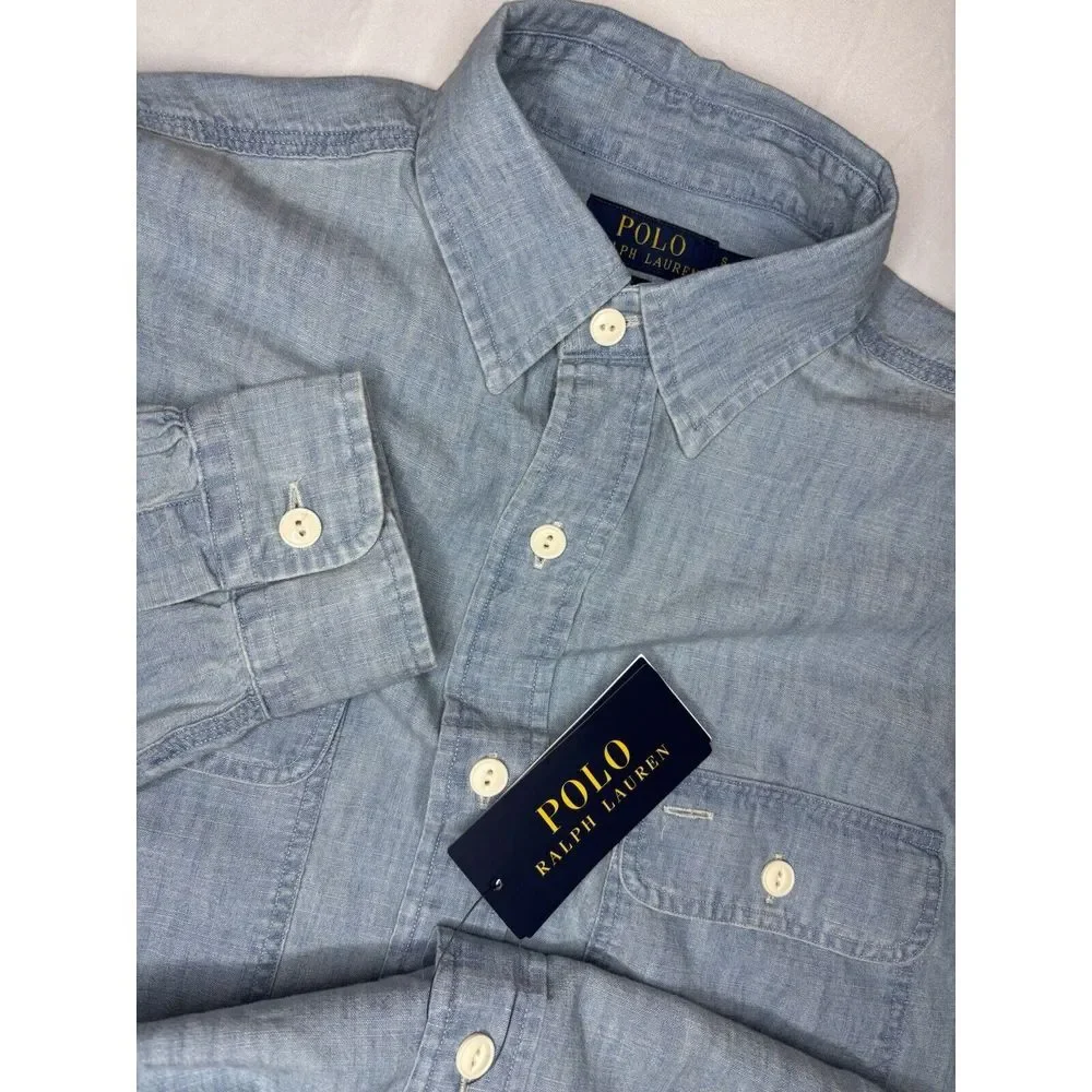 Polo Ralph Lauren Chambray Graphic Work Shirt Small Classic Fit Indigo Button Up